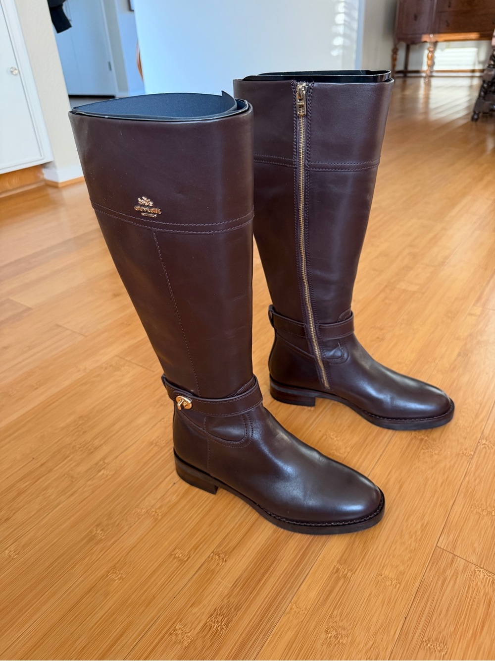 Coach Dark Brown Leather Tall Riding Boots with Gold Hardware